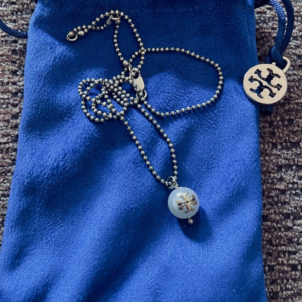 VintageTory Burch Ball-Chain Necklace w/Pearl Logo Charm with Blue Suede Pouch